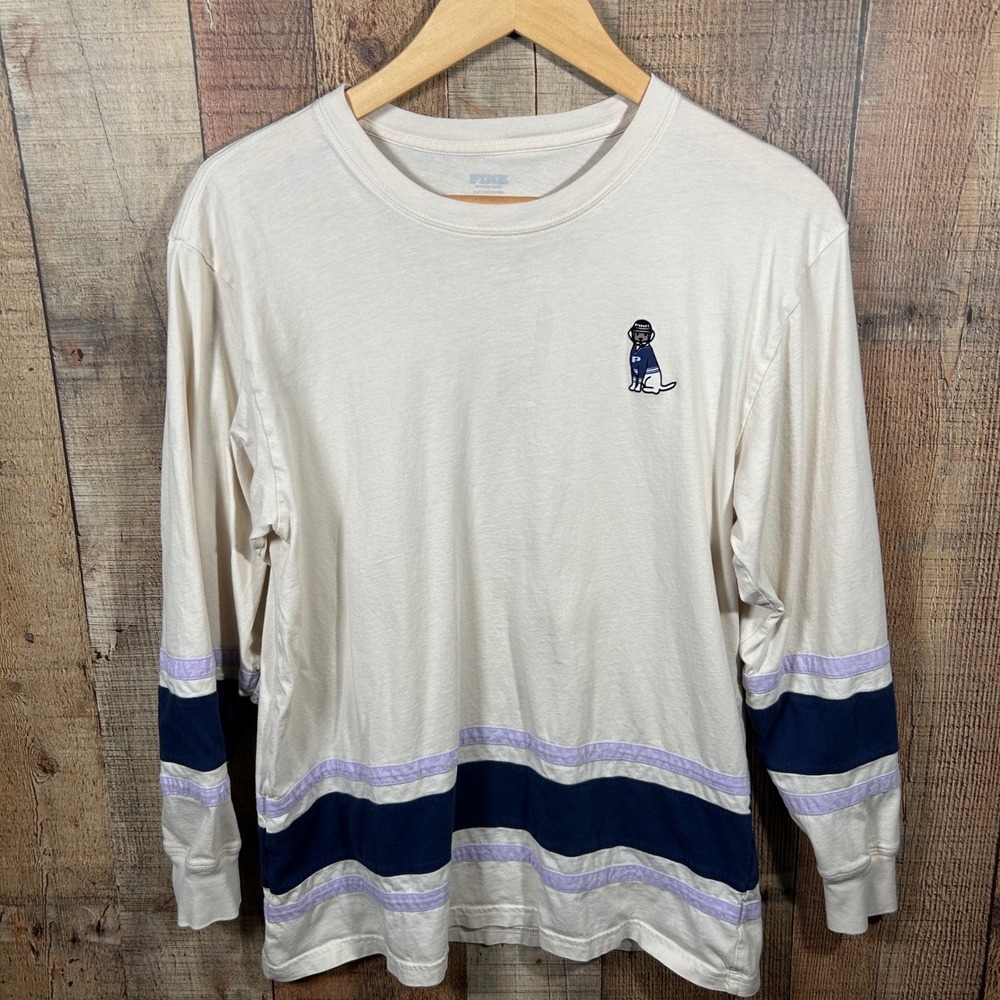 Victoria's Secret PINK Long Sleeve Campus Tee Purple Navy Stripe Small Dog Logo